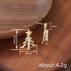 Gold color hollow christmas tree pearl bead inlaid earrings copper earrings