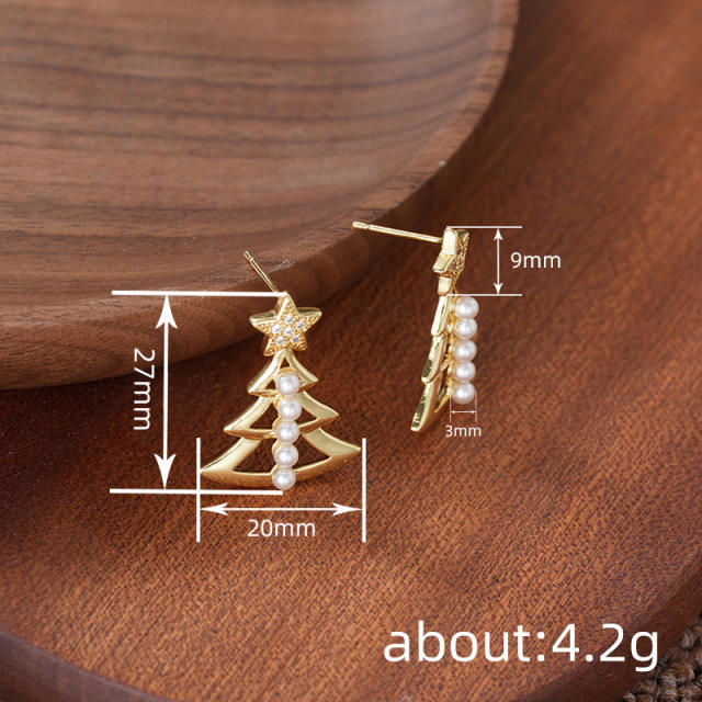 Gold color hollow christmas tree pearl bead inlaid earrings copper earrings
