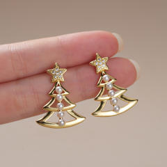 Gold color hollow christmas tree pearl bead inlaid earrings copper earrings