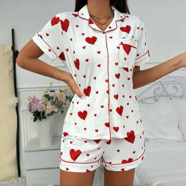 Love Cardigan Lapel Button Pajamas Women's Bow Short-sleeved Shorts Home Clothes Two-piece Set