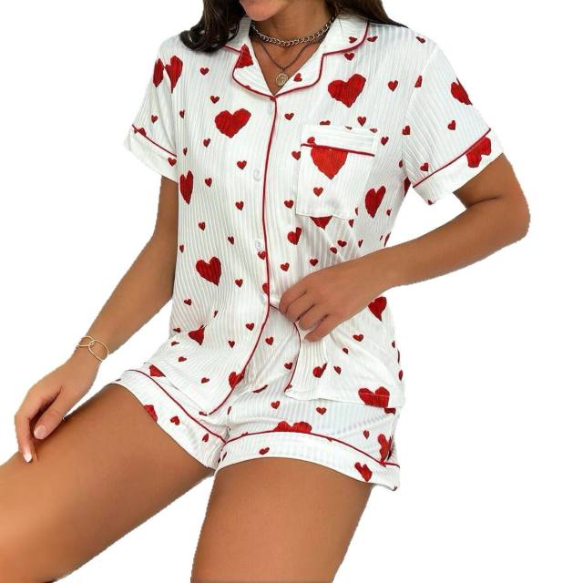 Love Cardigan Lapel Button Pajamas Women's Bow Short-sleeved Shorts Home Clothes Two-piece Set