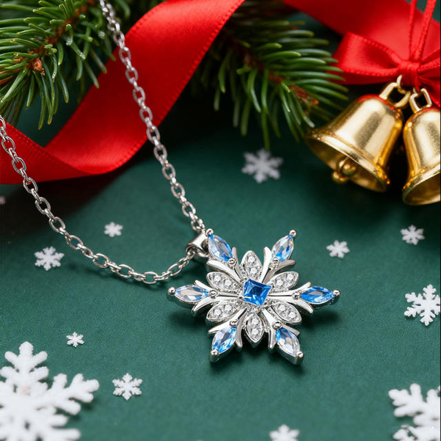 Hot sale blue diamond snowflake pendant copper necklace