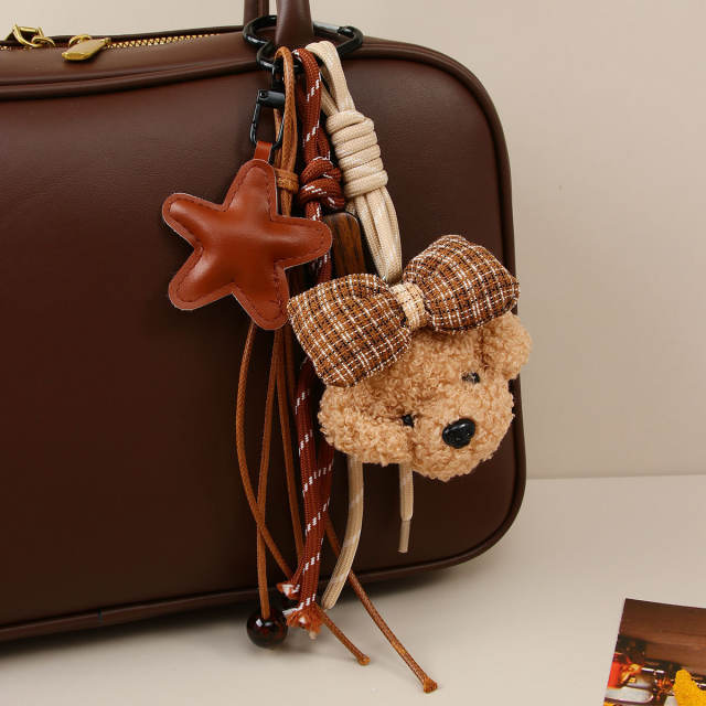 Cute plush puppy bow pendant accessory rope bag charm keychain