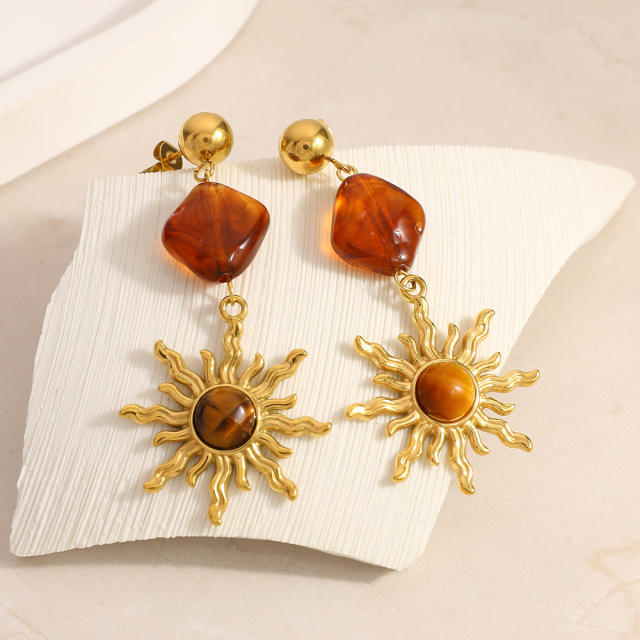 Autumn winter natural stone sun design stainless steel earrings
