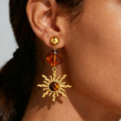 Autumn winter natural stone sun design stainless steel earrings