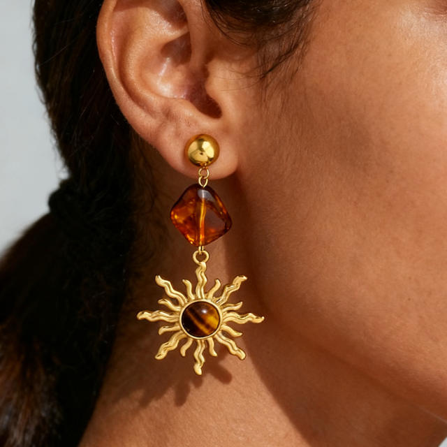 Autumn winter natural stone sun design stainless steel earrings