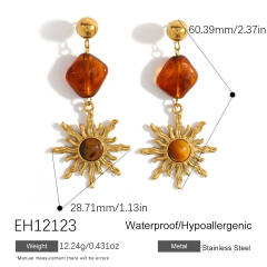 Autumn winter natural stone sun design stainless steel earrings