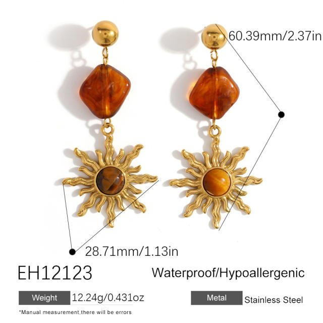 Autumn winter natural stone sun design stainless steel earrings