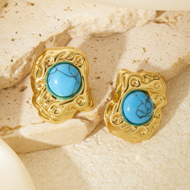 Vintage turquoise stone inlaid stainless steel studs earrings