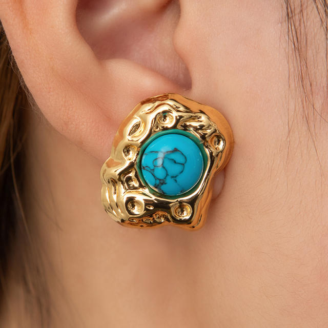 Vintage turquoise stone inlaid stainless steel studs earrings