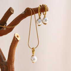 18KG easy match pearl stainless steel necklace earrings set