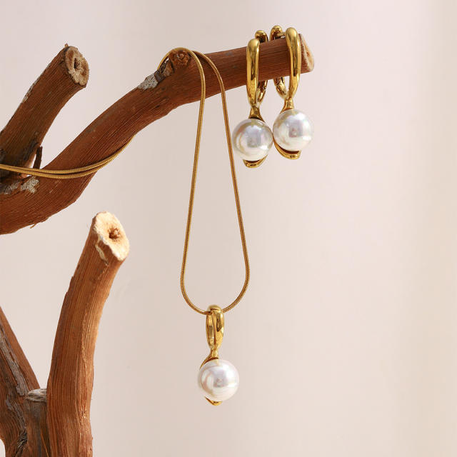 18KG easy match pearl stainless steel necklace earrings set