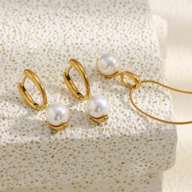 18KG easy match pearl stainless steel necklace earrings set