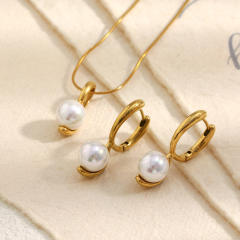18KG easy match pearl stainless steel necklace earrings set