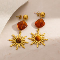 Autumn winter natural stone sun design stainless steel earrings