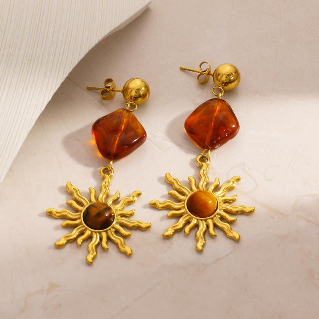 Autumn winter natural stone sun design stainless steel earrings