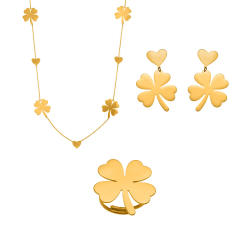 Gold color clover stainless steel long necklace earrings rings suit