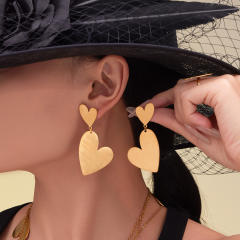 18KG gold heart stainless stee long necklace earrings rings set