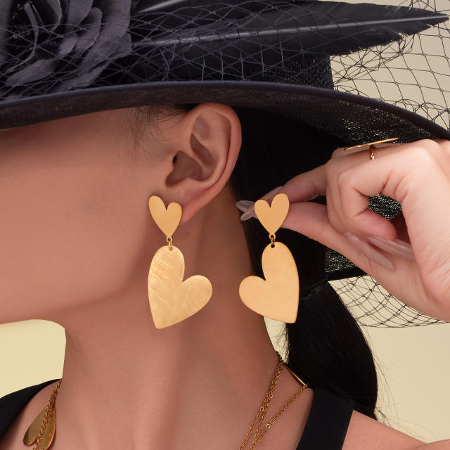 18KG gold heart stainless stee long necklace earrings rings set
