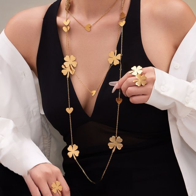 Gold color clover stainless steel long necklace earrings rings suit