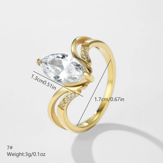 V-shaped Curve Inlay Shining Oval Zircon Ring for Women stainless steel rings