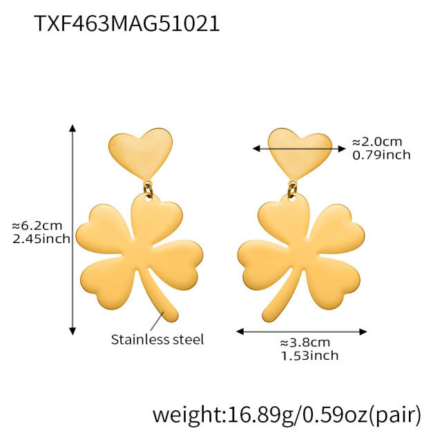 Gold color clover stainless steel long necklace earrings rings suit