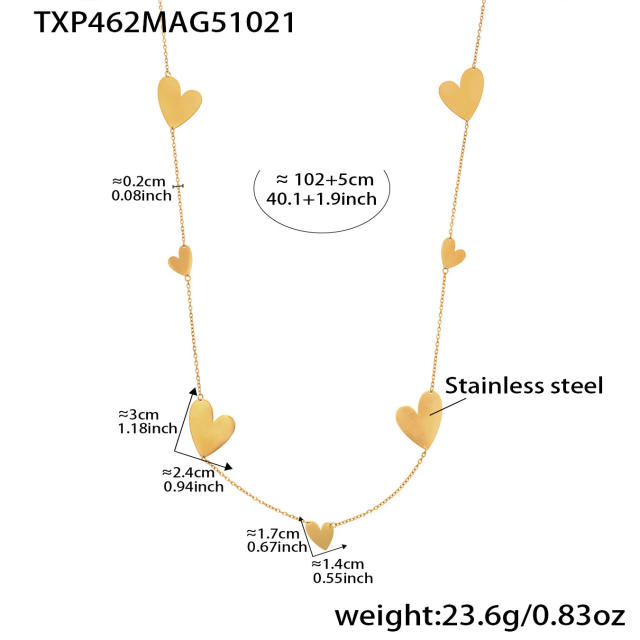 18KG gold heart stainless stee long necklace earrings rings set