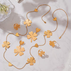 Gold color clover stainless steel long necklace earrings rings suit