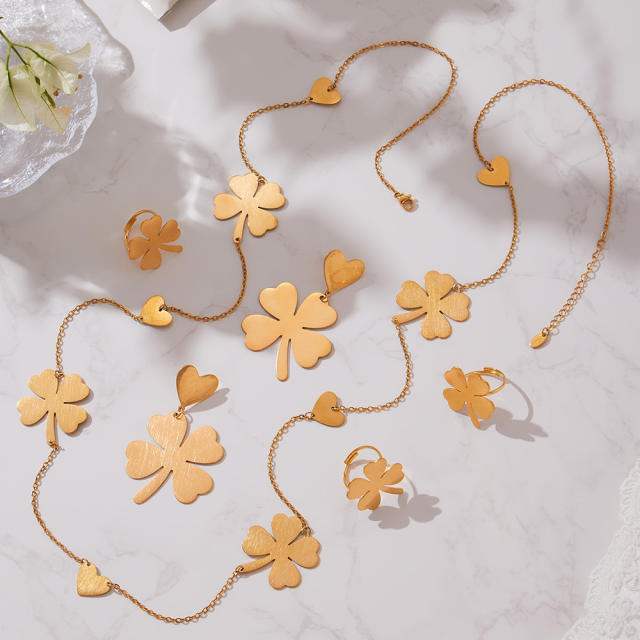 Gold color clover stainless steel long necklace earrings rings suit