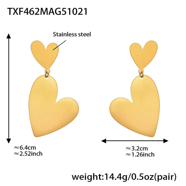18KG gold heart stainless stee long necklace earrings rings set