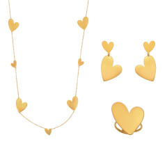 18KG gold heart stainless stee long necklace earrings rings set