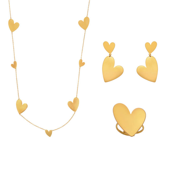 18KG gold heart stainless stee long necklace earrings rings set