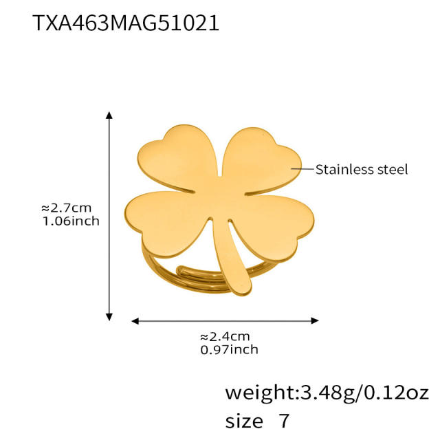Gold color clover stainless steel long necklace earrings rings suit