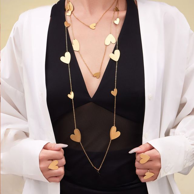 18KG gold heart stainless stee long necklace earrings rings set