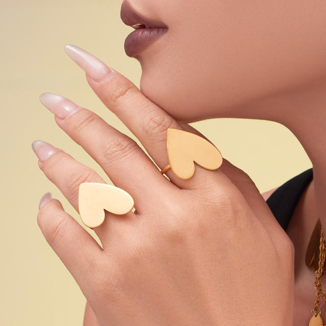 18KG gold heart stainless stee long necklace earrings rings set