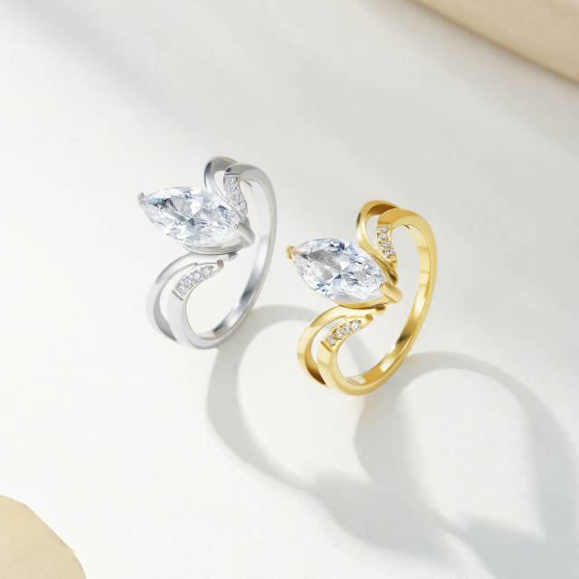 V-shaped Curve Inlay Shining Oval Zircon Ring for Women stainless steel rings