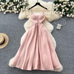 Elegant Dress for Women French Socialite Lace Patchwork Waist-Cinching Elegant Spaghetti Strap Flared Dress