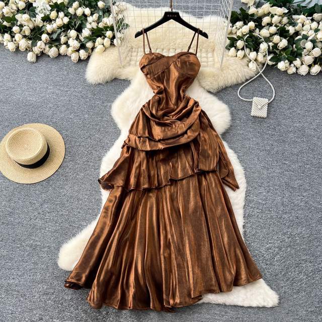 French Style Square Collar Strapless Pleated Waist Ruffled dress Women's Dress