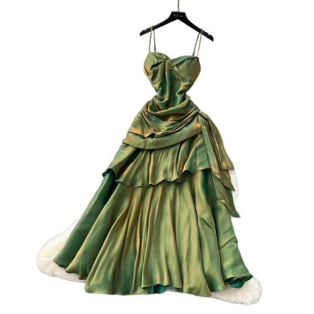 French Style Square Collar Strapless Pleated Waist Ruffled dress Women's Dress