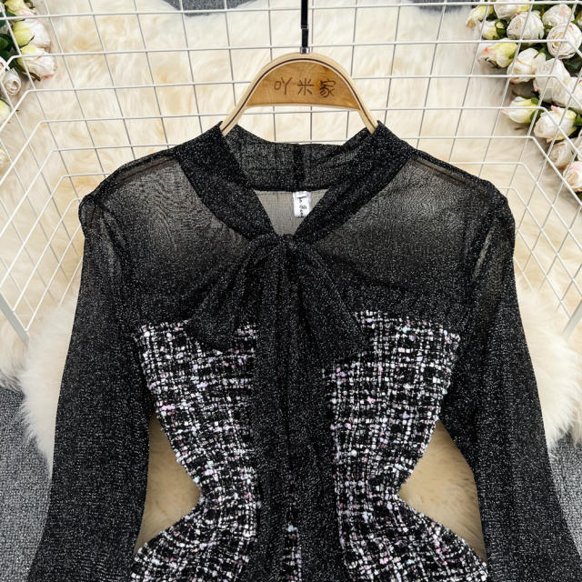 Elegant Ladylike Small Fragrance Style Fluttering Collar Patchwork Waist Ruffled Tweed Dress Autumn