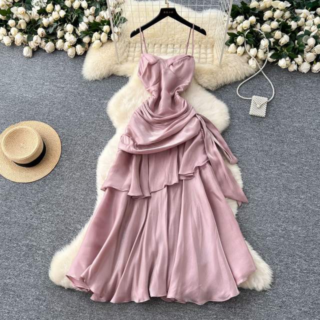 French Style Square Collar Strapless Pleated Waist Ruffled dress Women's Dress