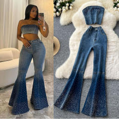 Fashion Hot Drilling Denim suit Women's Summer Sleeveless Top Vest High Waist Denim Trousers