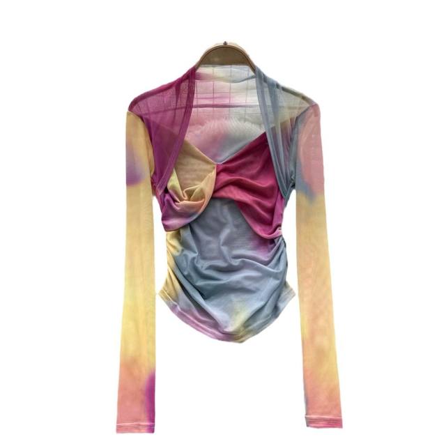 American Style Spice Tie-Dye Mesh Base Shirt Long-Sleeved T-Shirt for women