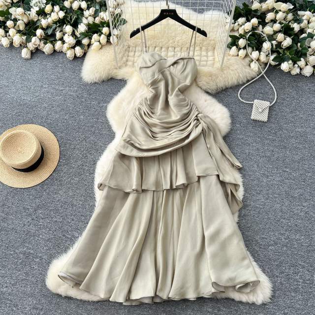 French Style Square Collar Strapless Pleated Waist Ruffled dress Women's Dress