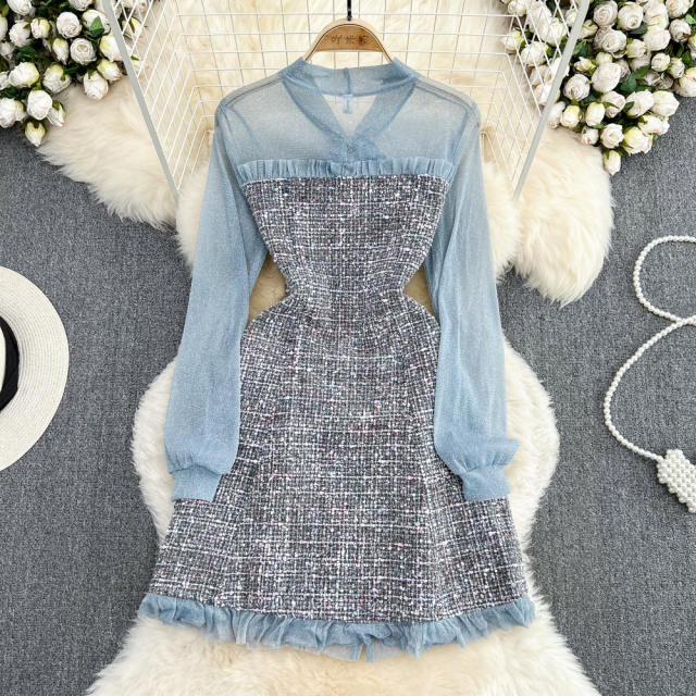 Elegant Ladylike Small Fragrance Style Fluttering Collar Patchwork Waist Ruffled Tweed Dress Autumn