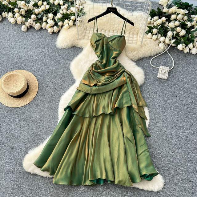 French Style Square Collar Strapless Pleated Waist Ruffled dress Women's Dress
