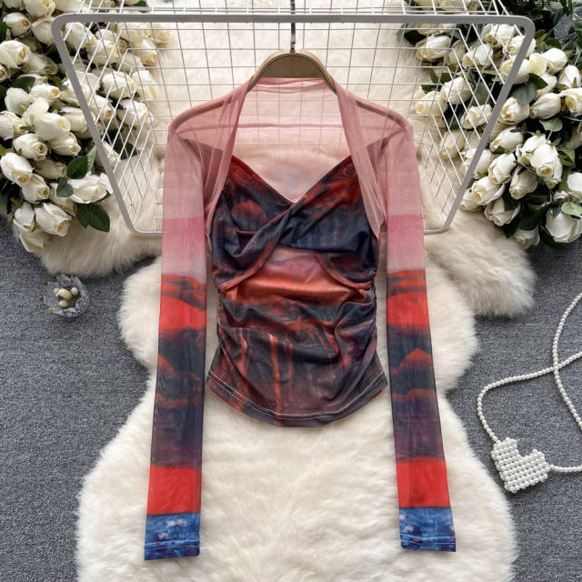 American Style Spice Tie-Dye Mesh Base Shirt Long-Sleeved T-Shirt for women