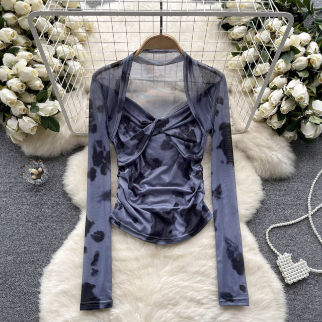 American Style Spice Tie-Dye Mesh Base Shirt Long-Sleeved T-Shirt for women