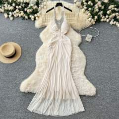 Heavy Industry Beaded Neck Tie Dress Women's High-end Pleated Waisted Slim-fit Backless Skirt