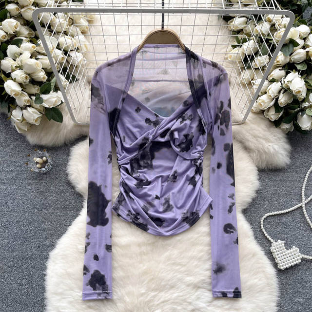 American Style Spice Tie-Dye Mesh Base Shirt Long-Sleeved T-Shirt for women